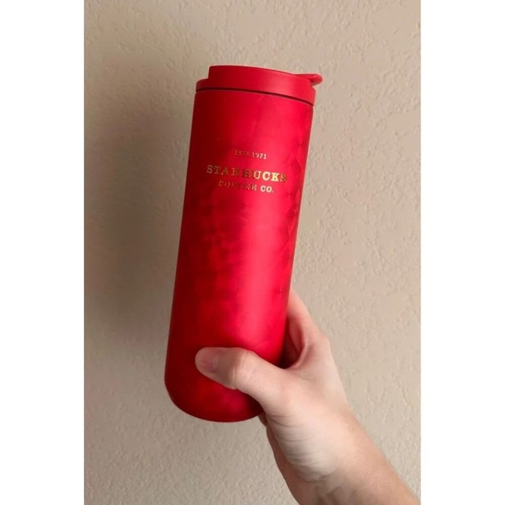 Red 16 oz Starbucks Thermal Cup with Gold Lettering